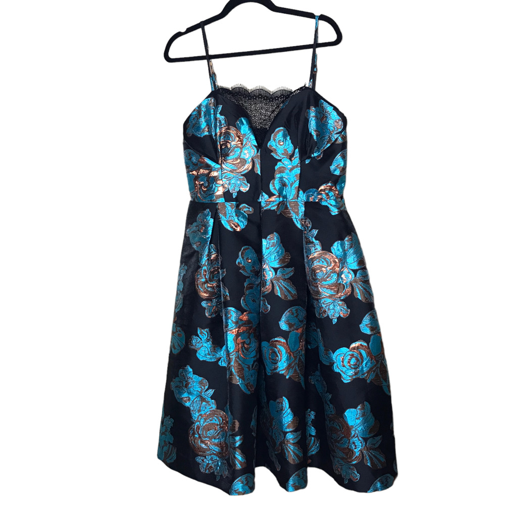 ASOS Salon Womens Metallic Flower Jacquard Midi Dress Blue Black Size 12 Prom